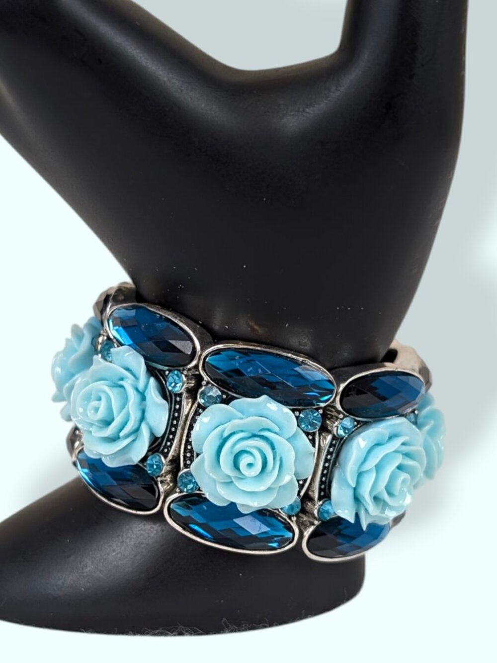 Blue Floral Rhinestone Stretch Bracelet